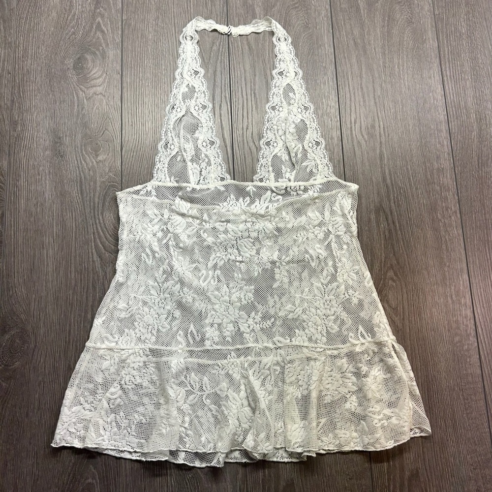 Victorias Secret White Floral Lace Halter Babydoll Top Y2K Sheer Large